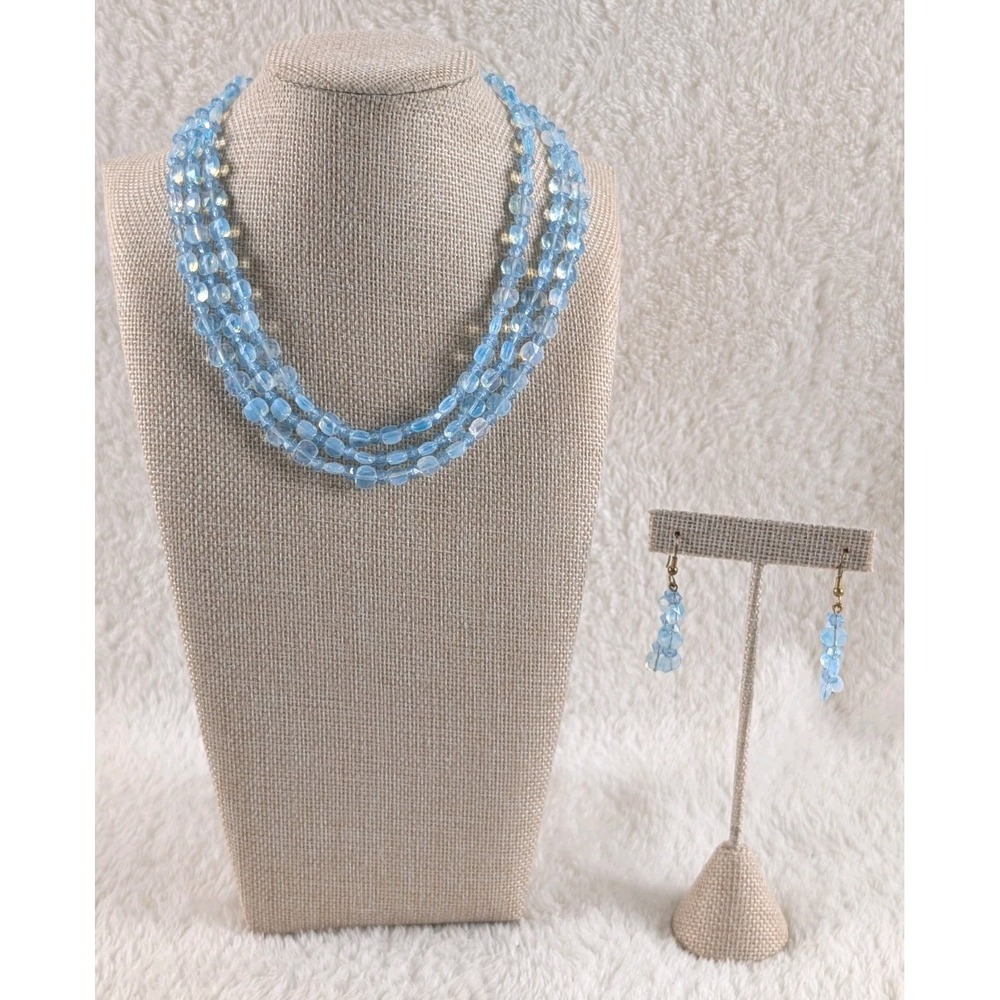Blue Multi Strand Bead Necklace‎ & Earrings Set Handmade Glass Look Acrylic